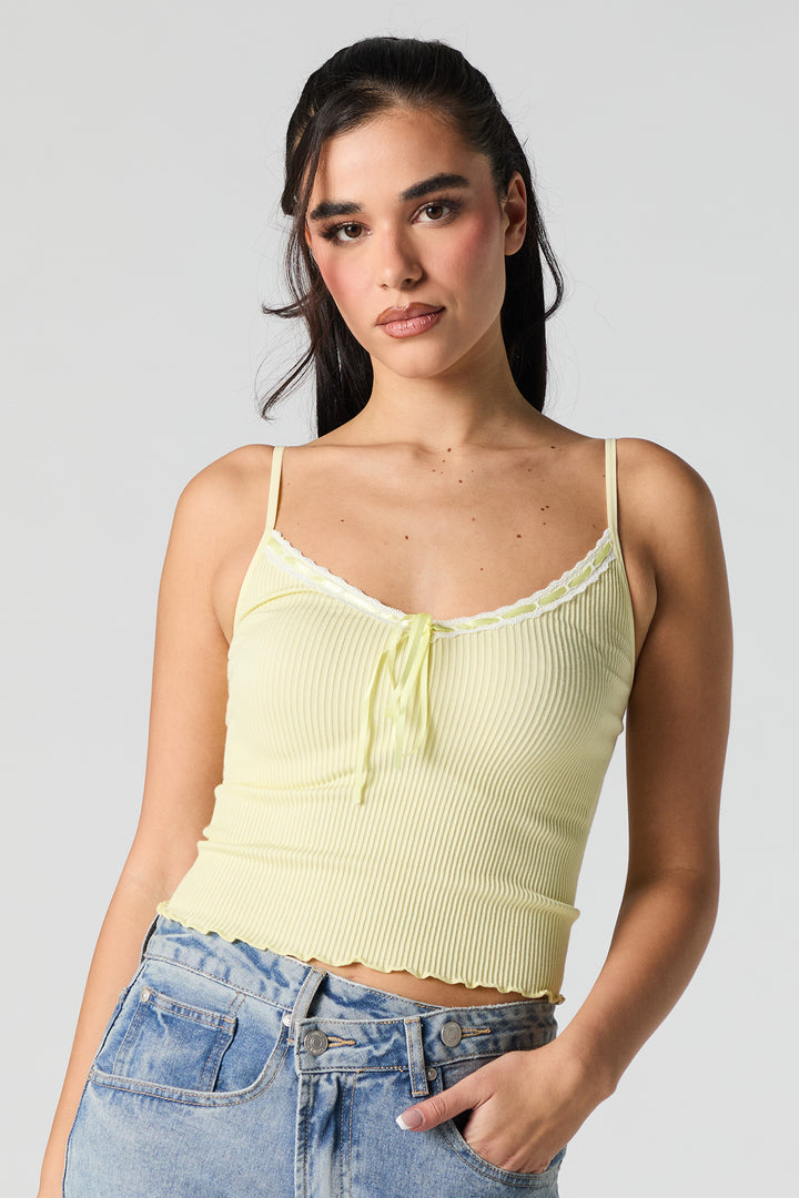 Camisole côtelée sans couture à bordure de dentelle