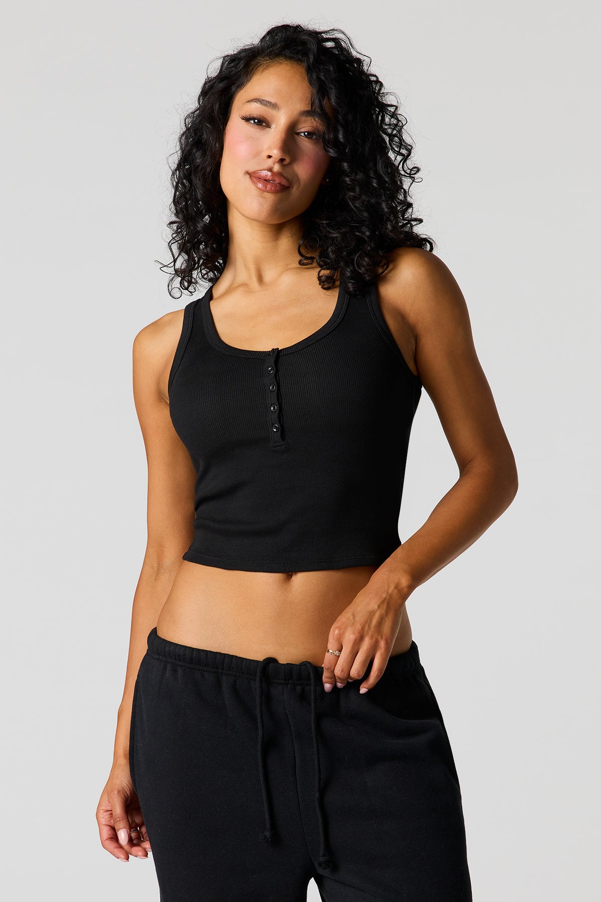 Ribbed Henley Tank - Black