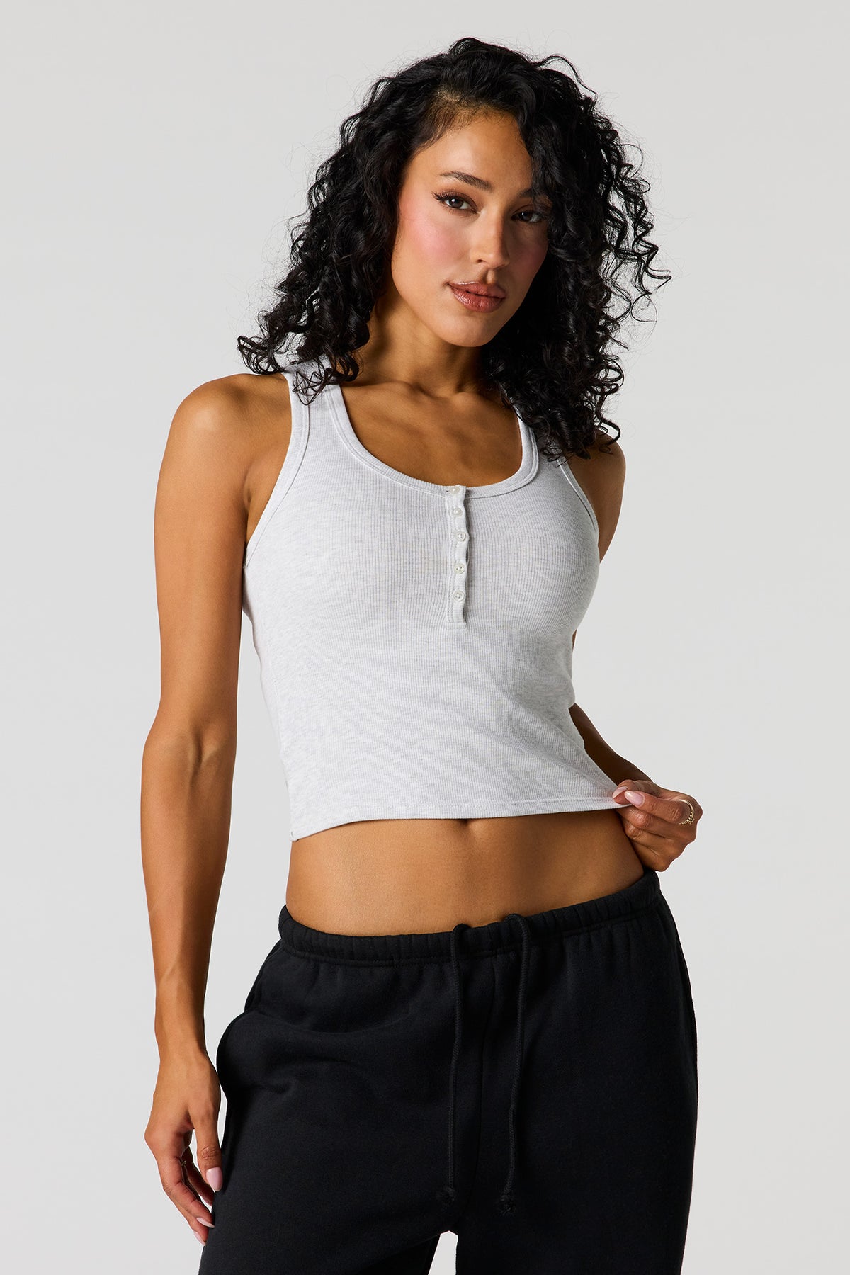 Ribbed Henley Tank - Heather Grey