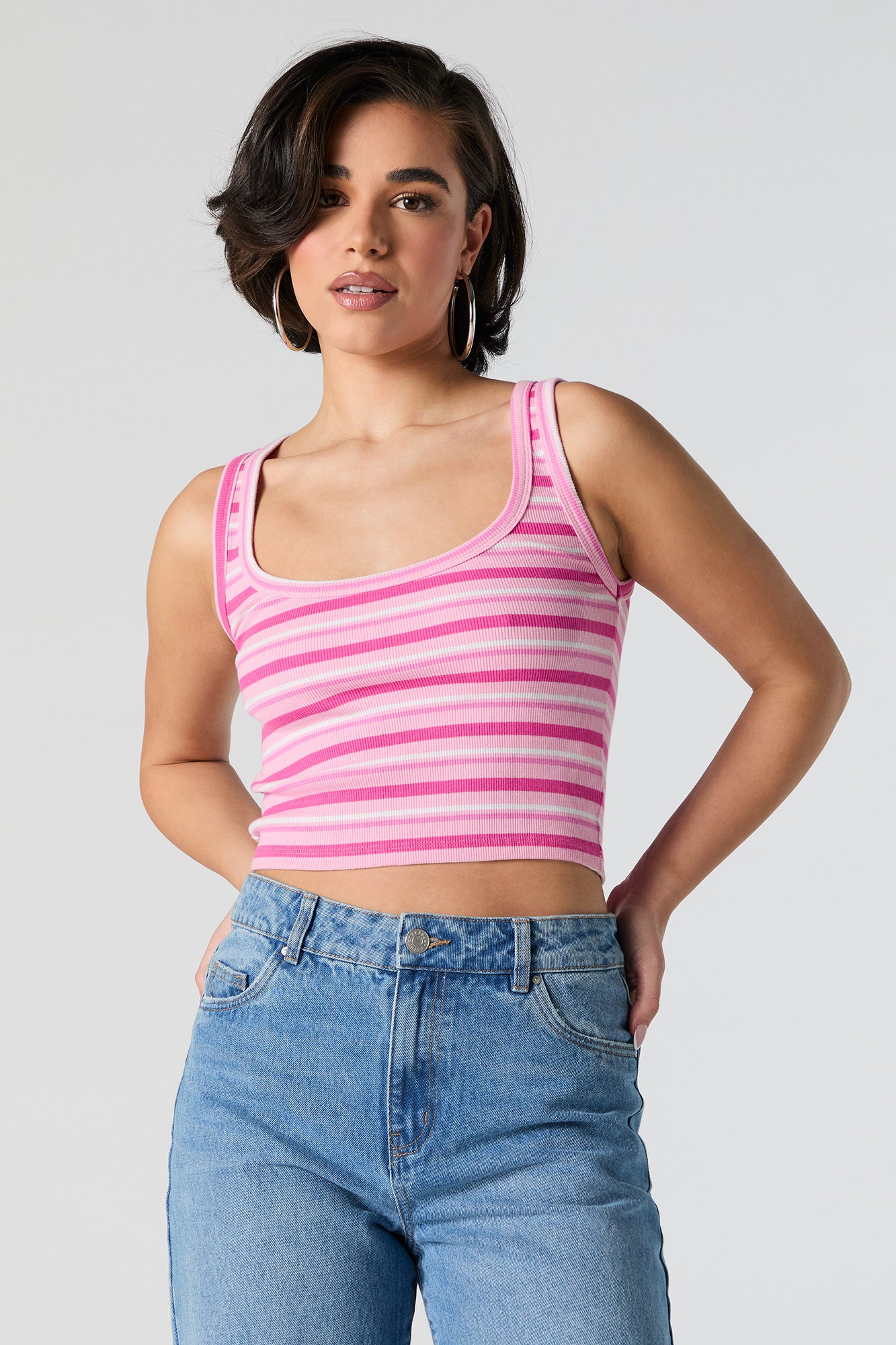 Striped Ribbed Square Neck Cropped Tank