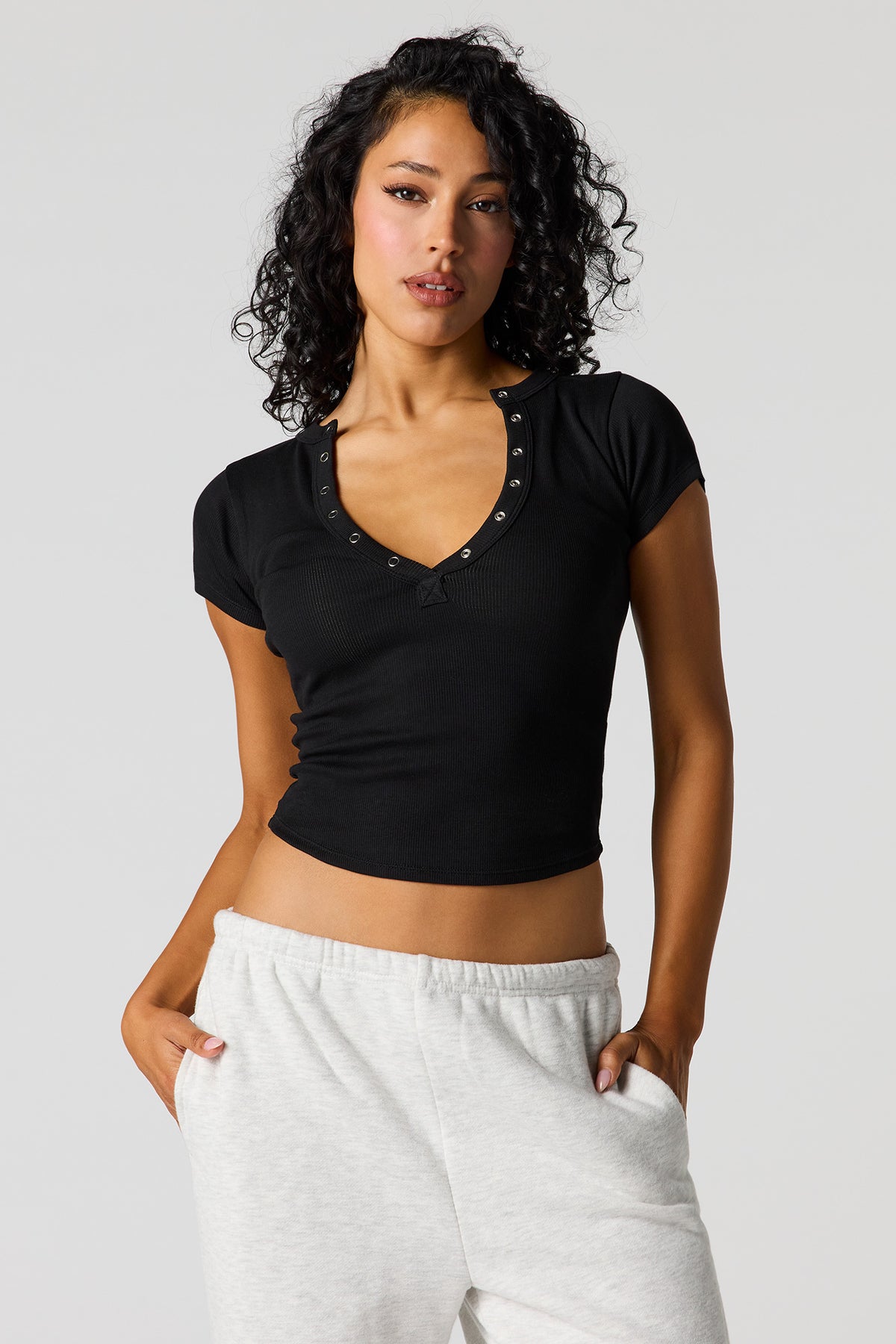 Ribbed Henley Baby Tee - Black