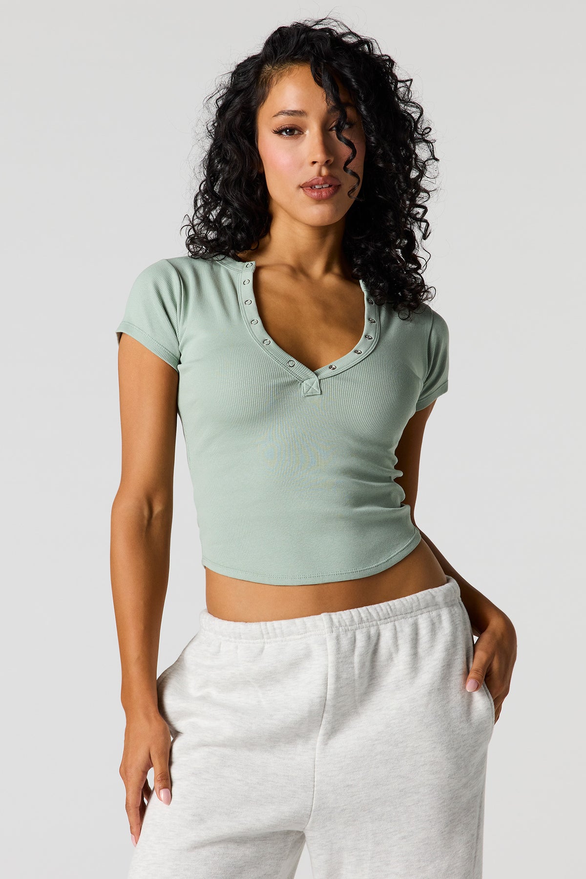 Ribbed Henley Baby Tee - Jade