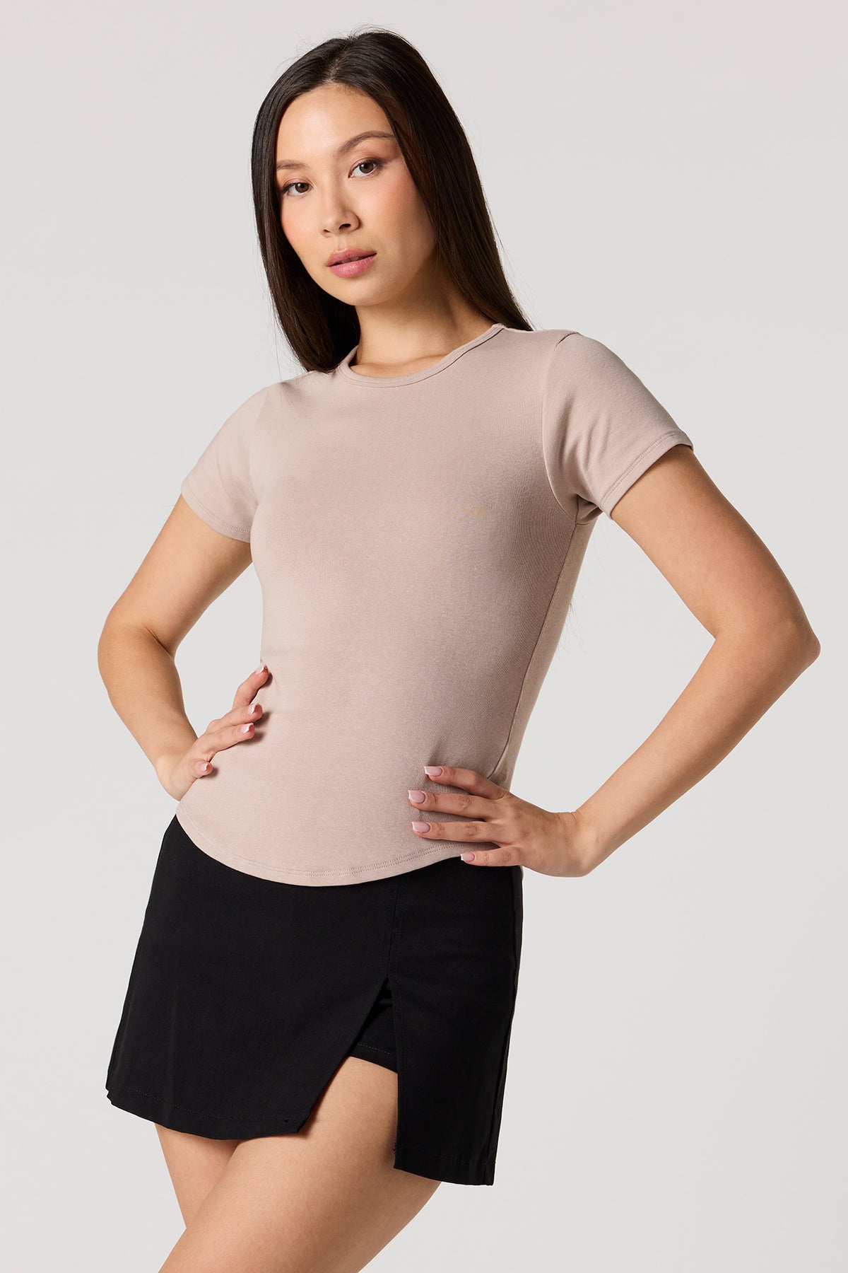 Ribbed Short Sleeve Top - Light Brown