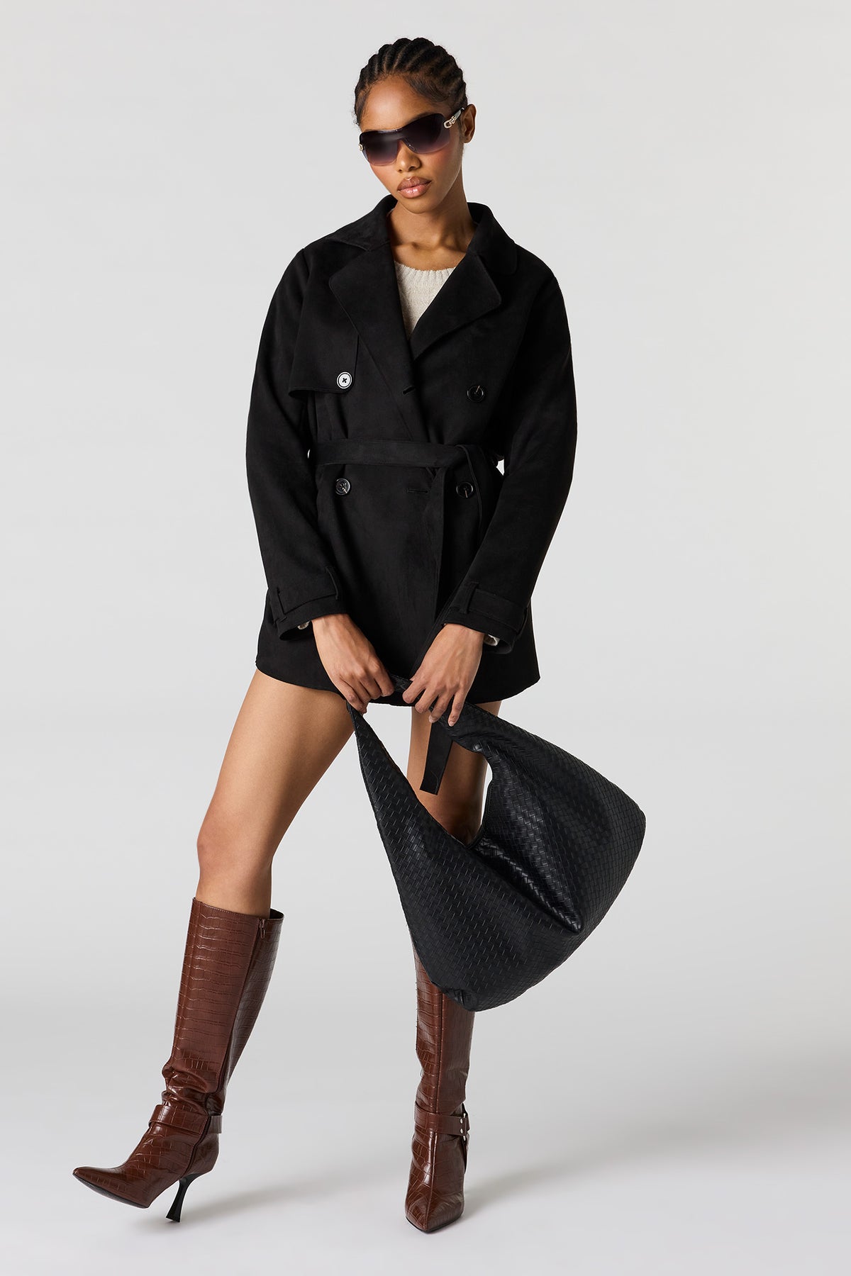Alt View 3. Faux Suede Midi Trench Coat - Black