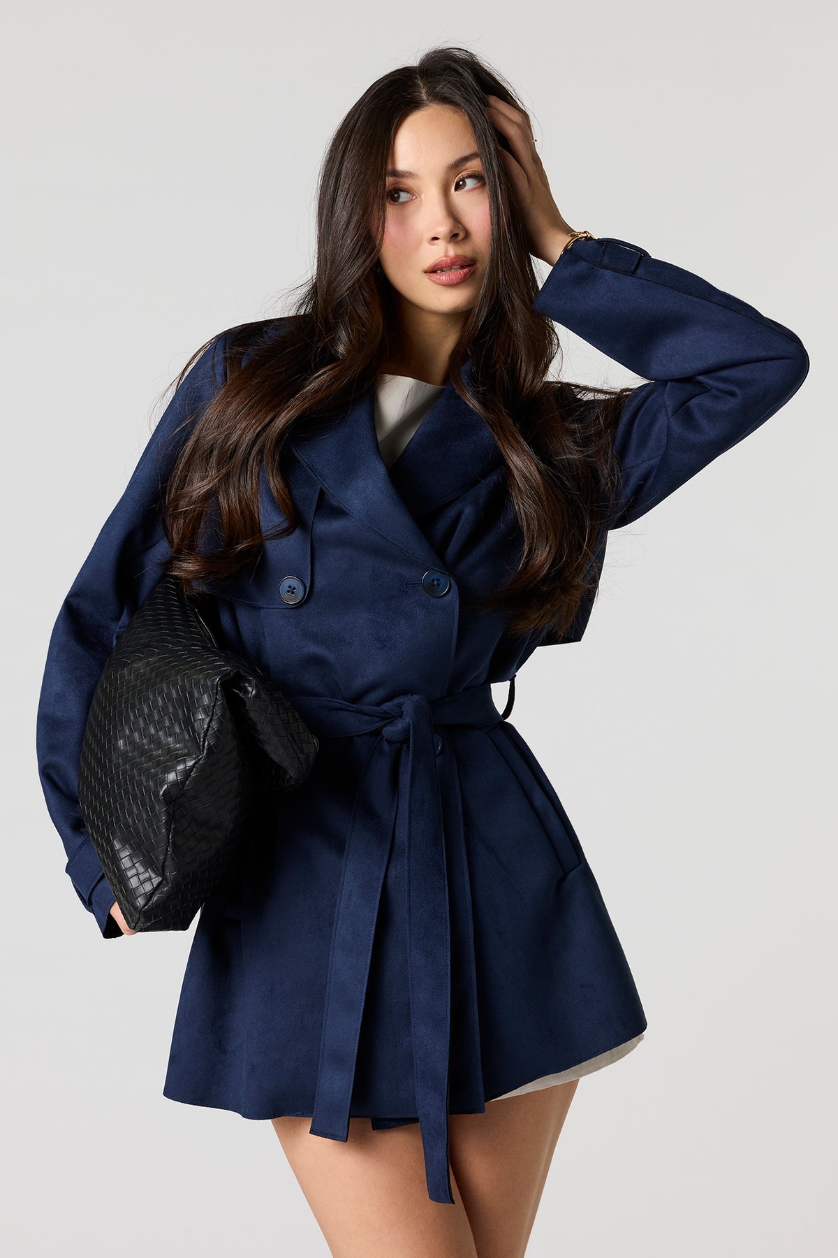 Alt View 4. Faux Suede Midi Trench Coat - Navy