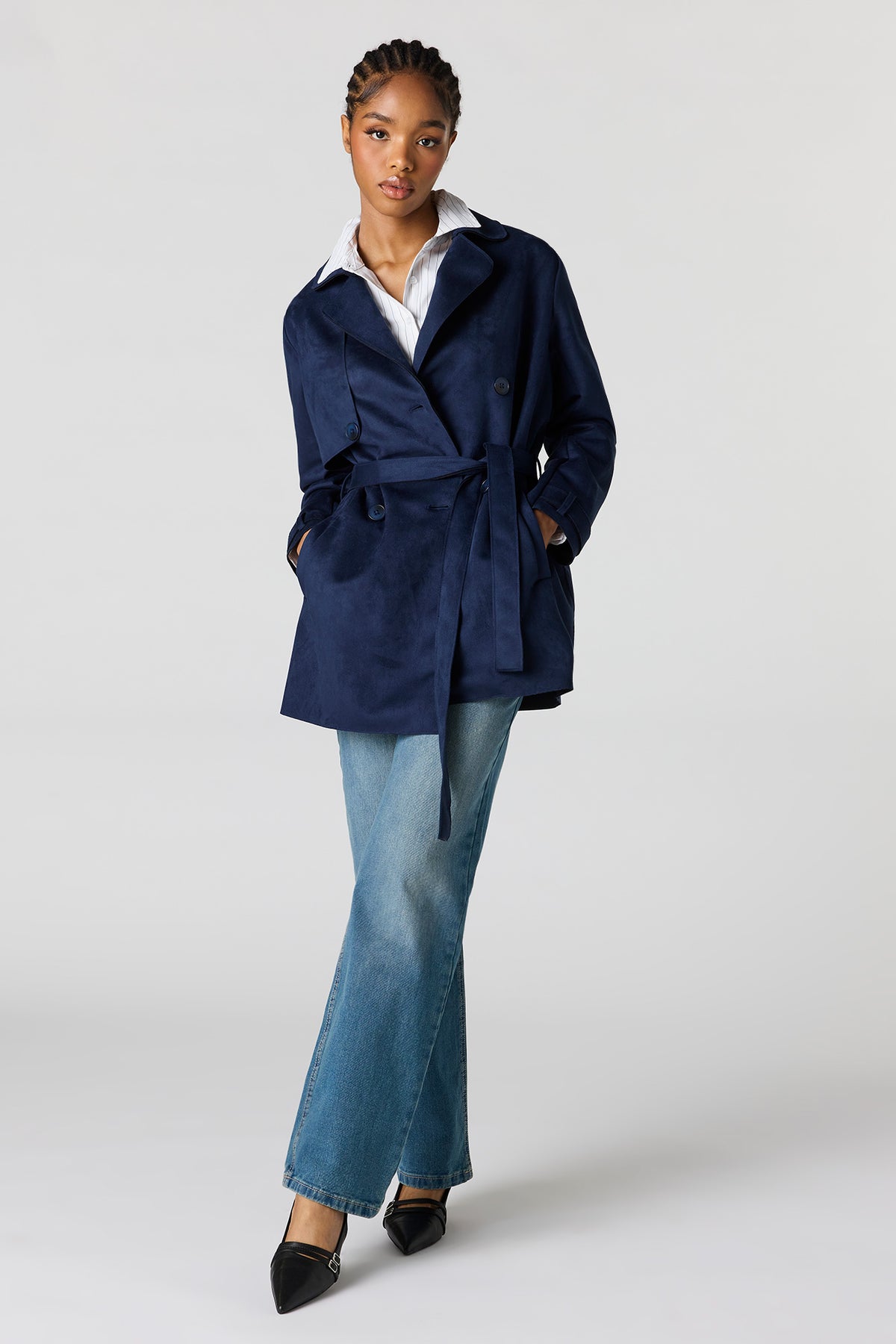 Alt View 3. Faux Suede Midi Trench Coat - Navy