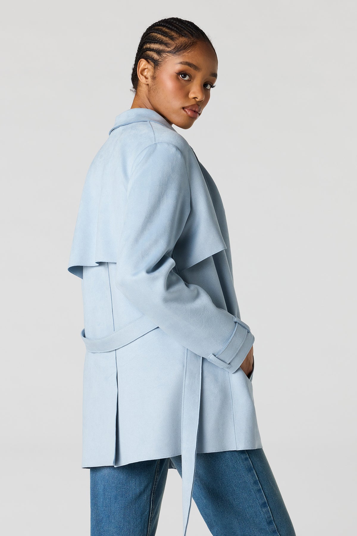 Alt View 2. Faux Suede Midi Trench Coat - Light Blue
