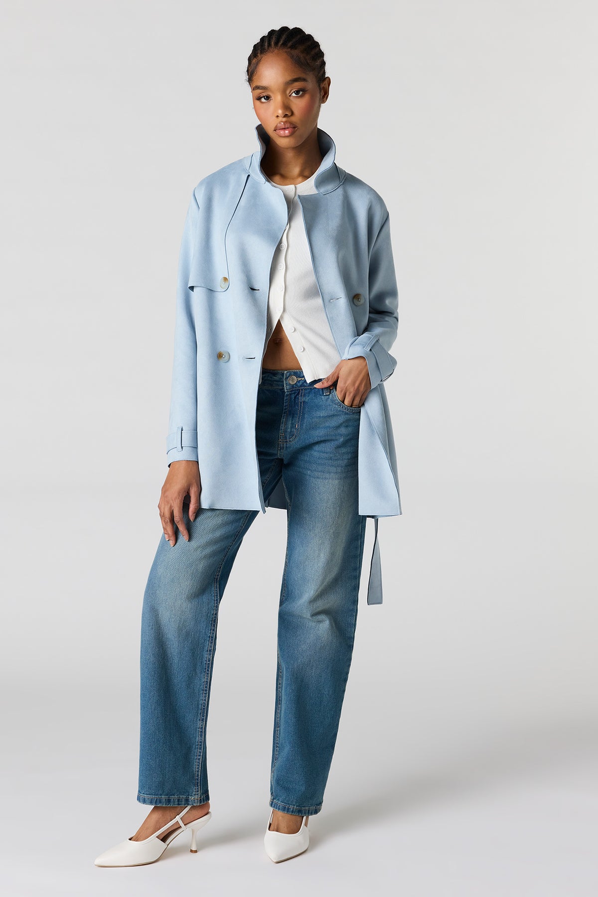 Alt View 3. Faux Suede Midi Trench Coat - Light Blue