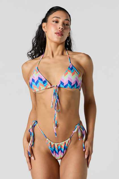Haut de bikini bain-de-soleil triangulaire crocheté à imprimé géométrique