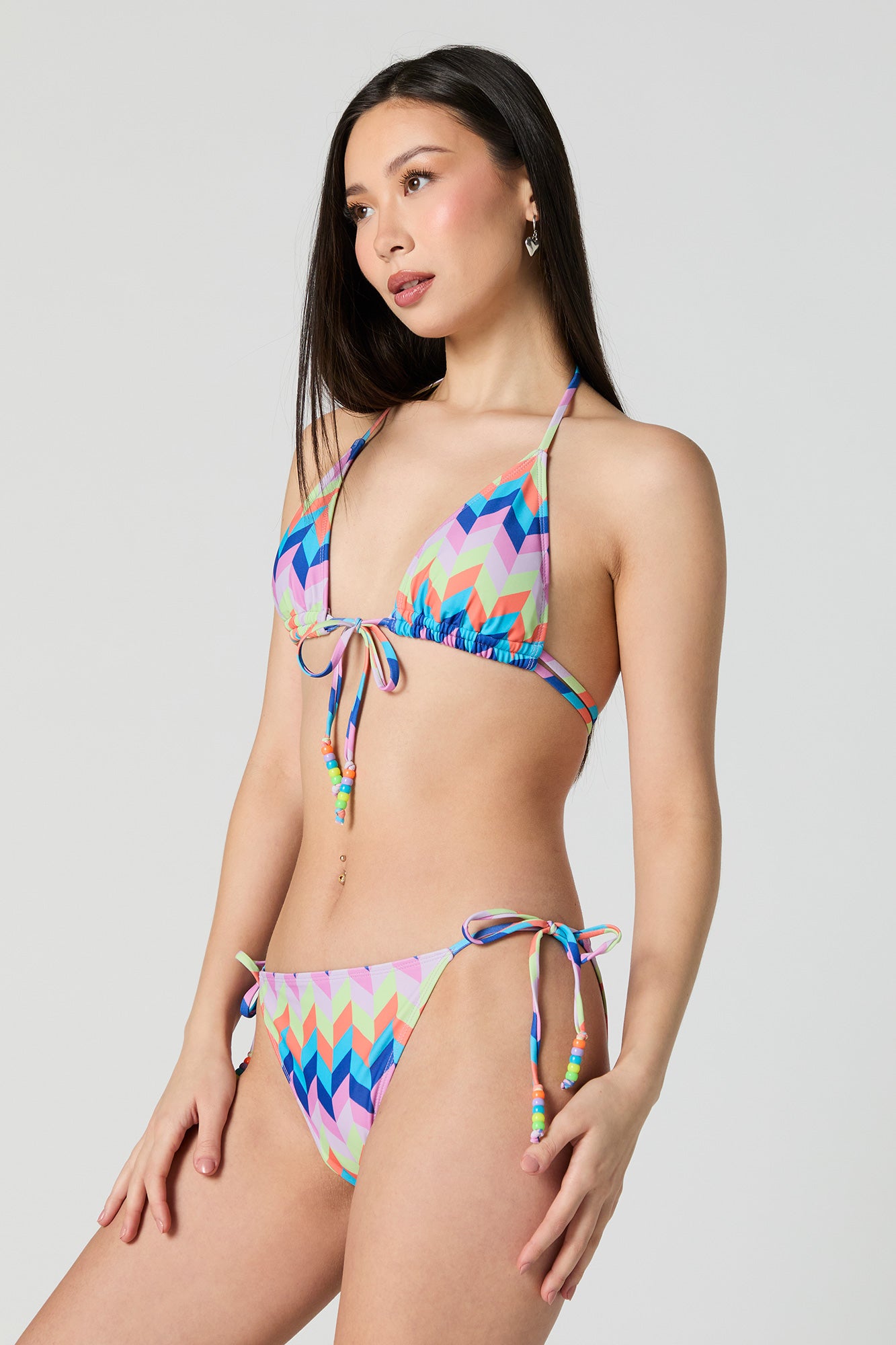 Geo Print Beaded Drawstring Bikini Top