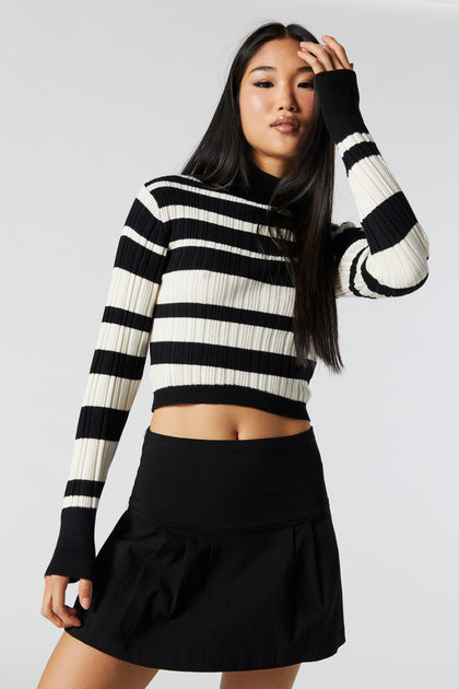 Striped Ribbed Knit Turtleneck Sweater