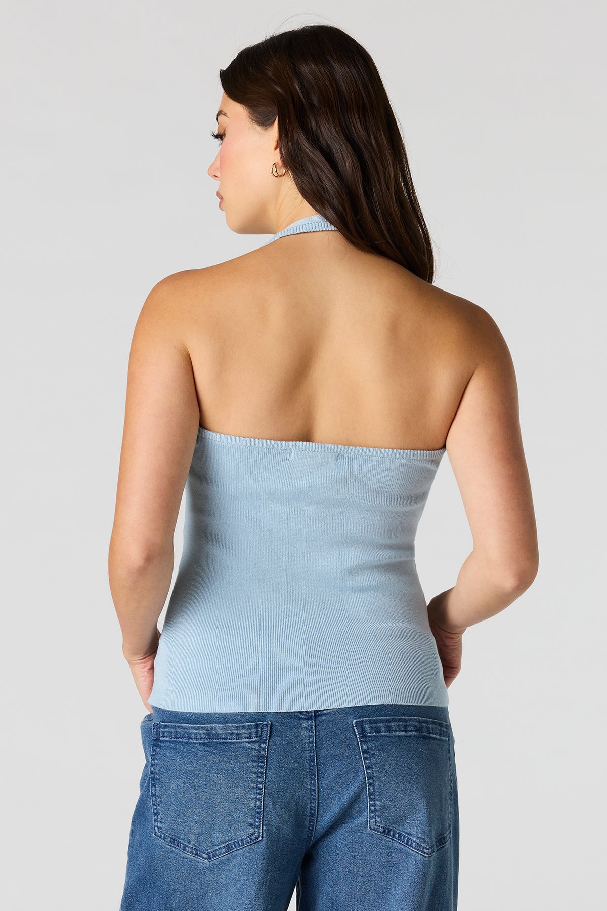 Alt View 2. Ribbed Halter Top - Light Blue