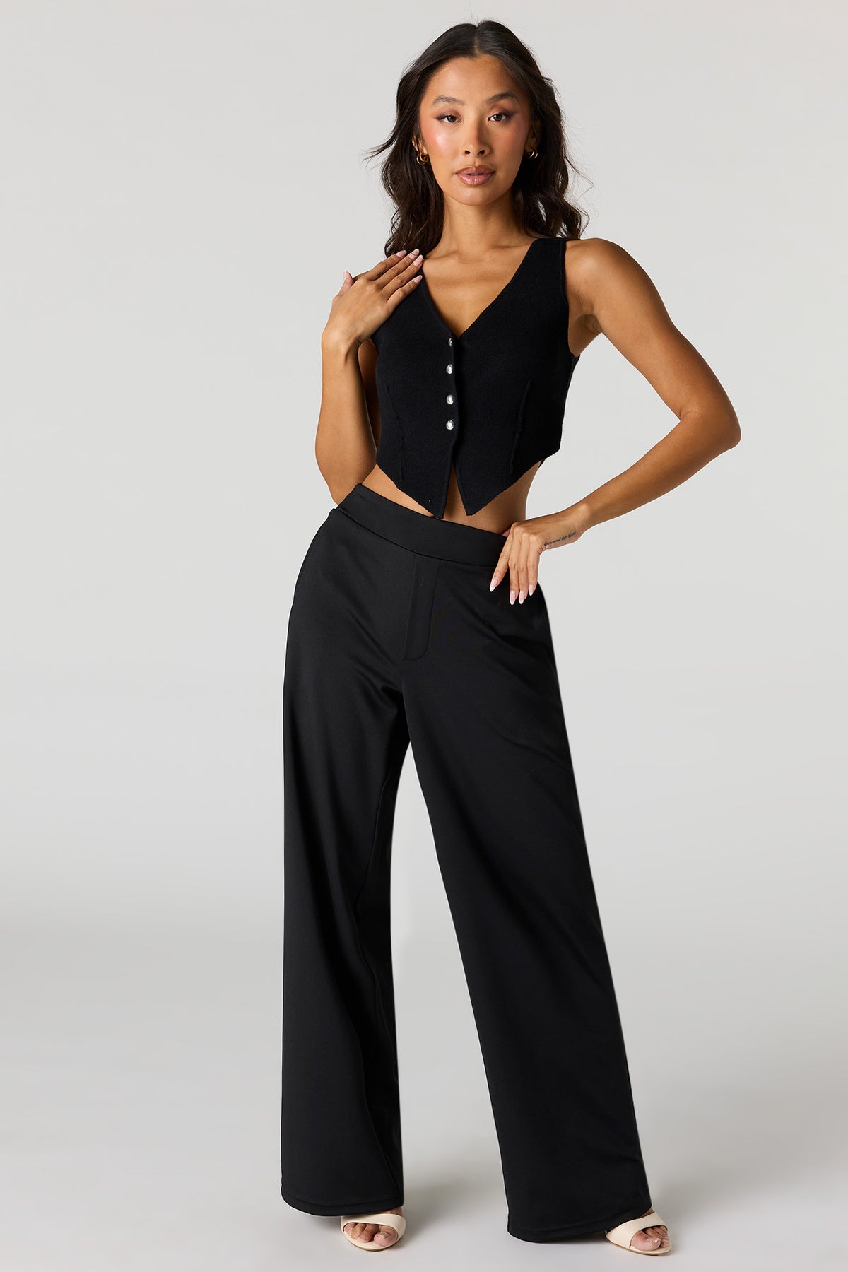 Alt View 3. V-Neck Button Front Knit Vest - Black