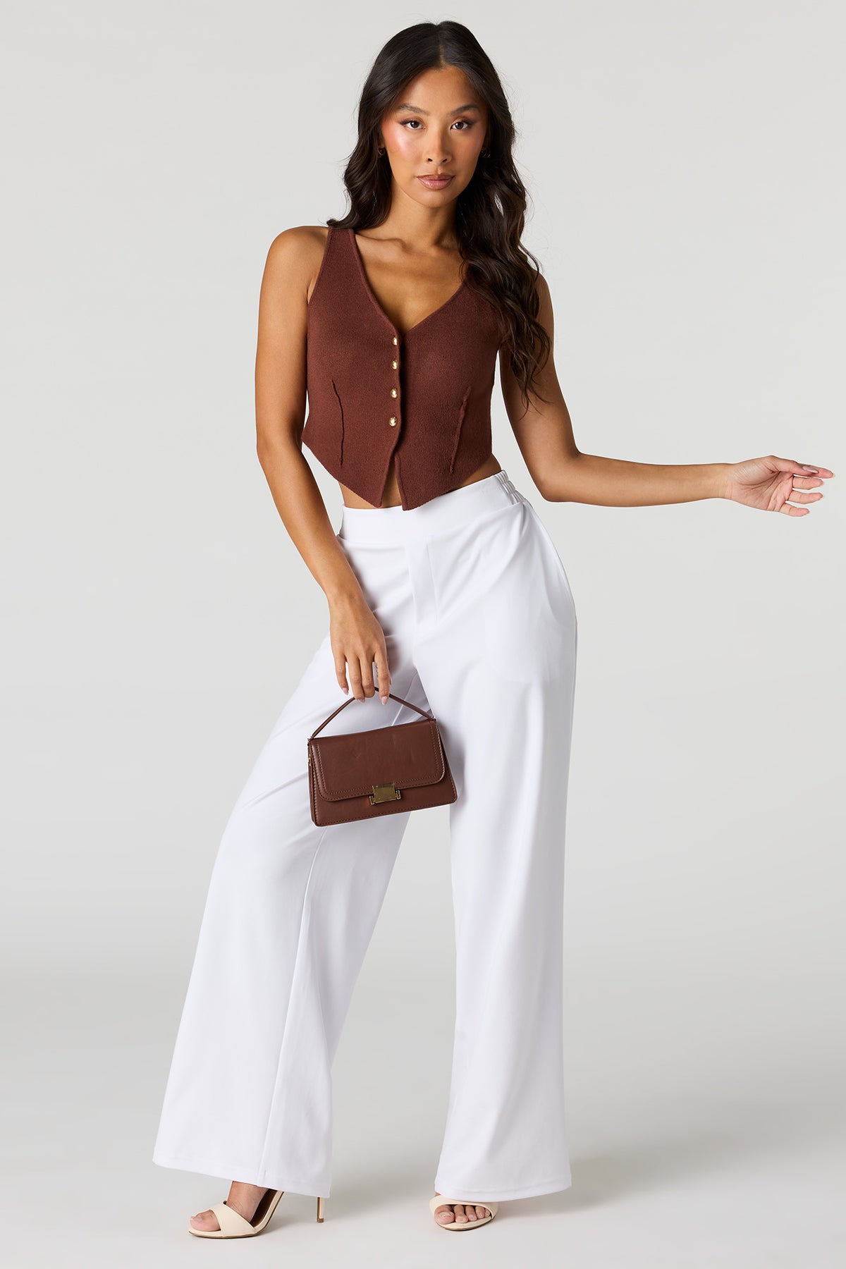 Alt View 3. V-Neck Button Front Knit Vest - Brown