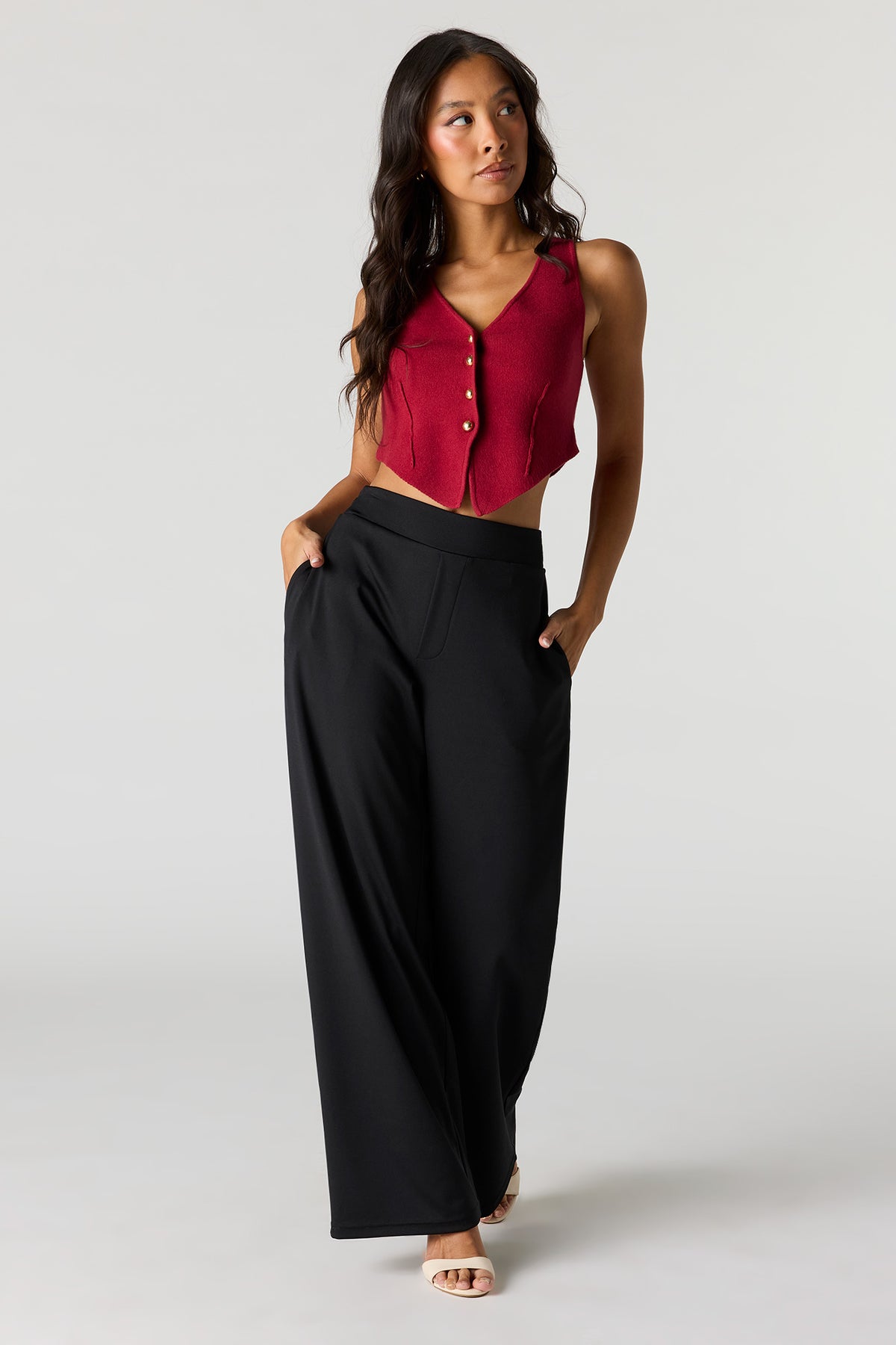 Alt View 3. V-Neck Button Front Knit Vest - Red
