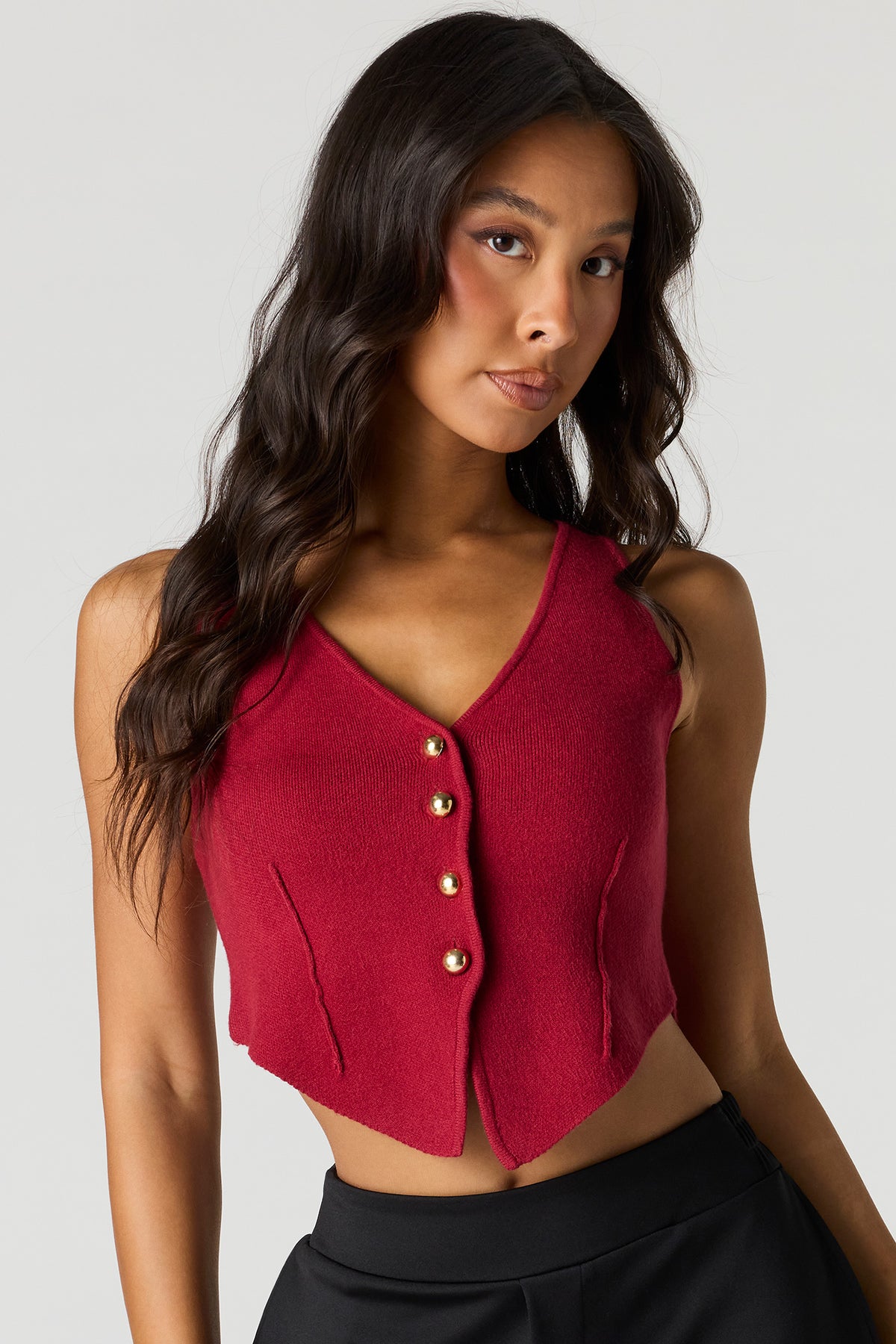 V-Neck Button Front Knit Vest - Red