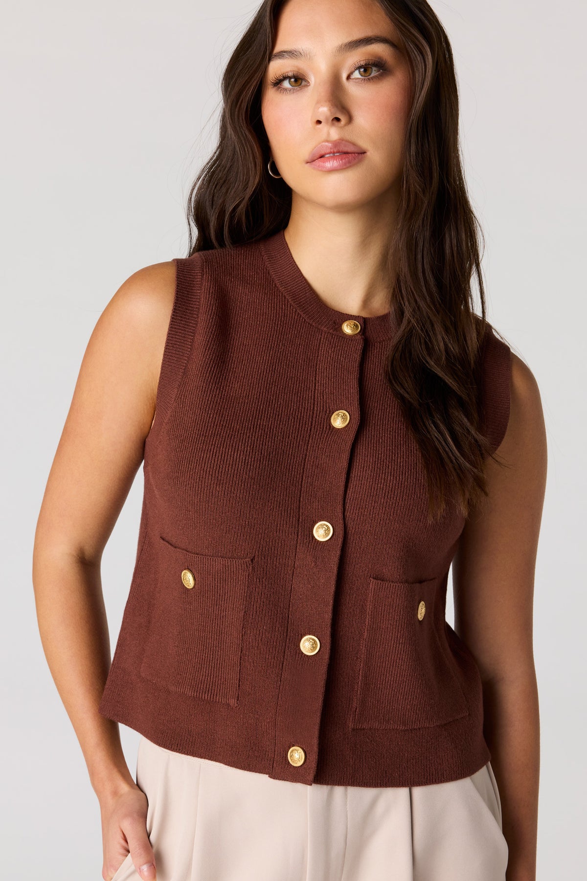 Ribbed Knit Button Front Vest Top - Brown