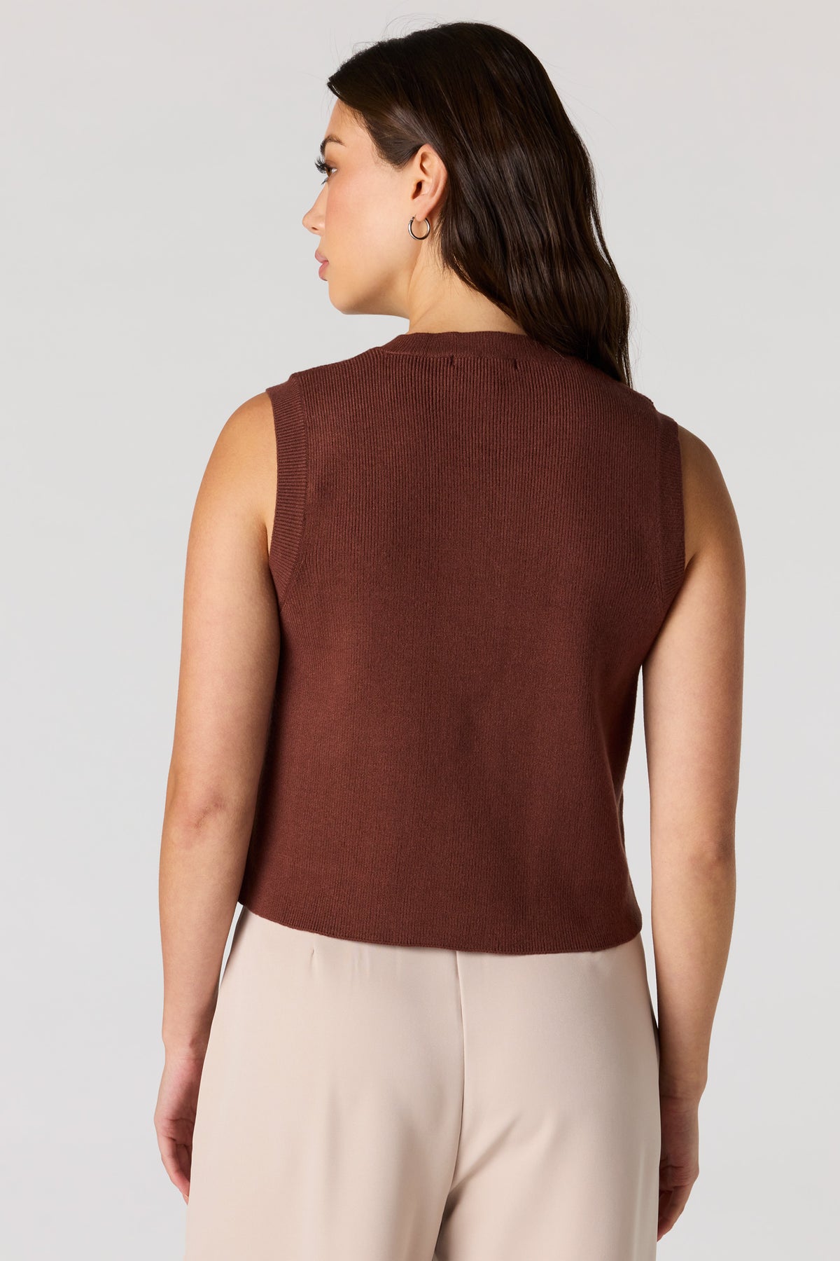 Alt View 2. Ribbed Knit Button Front Vest Top - Brown