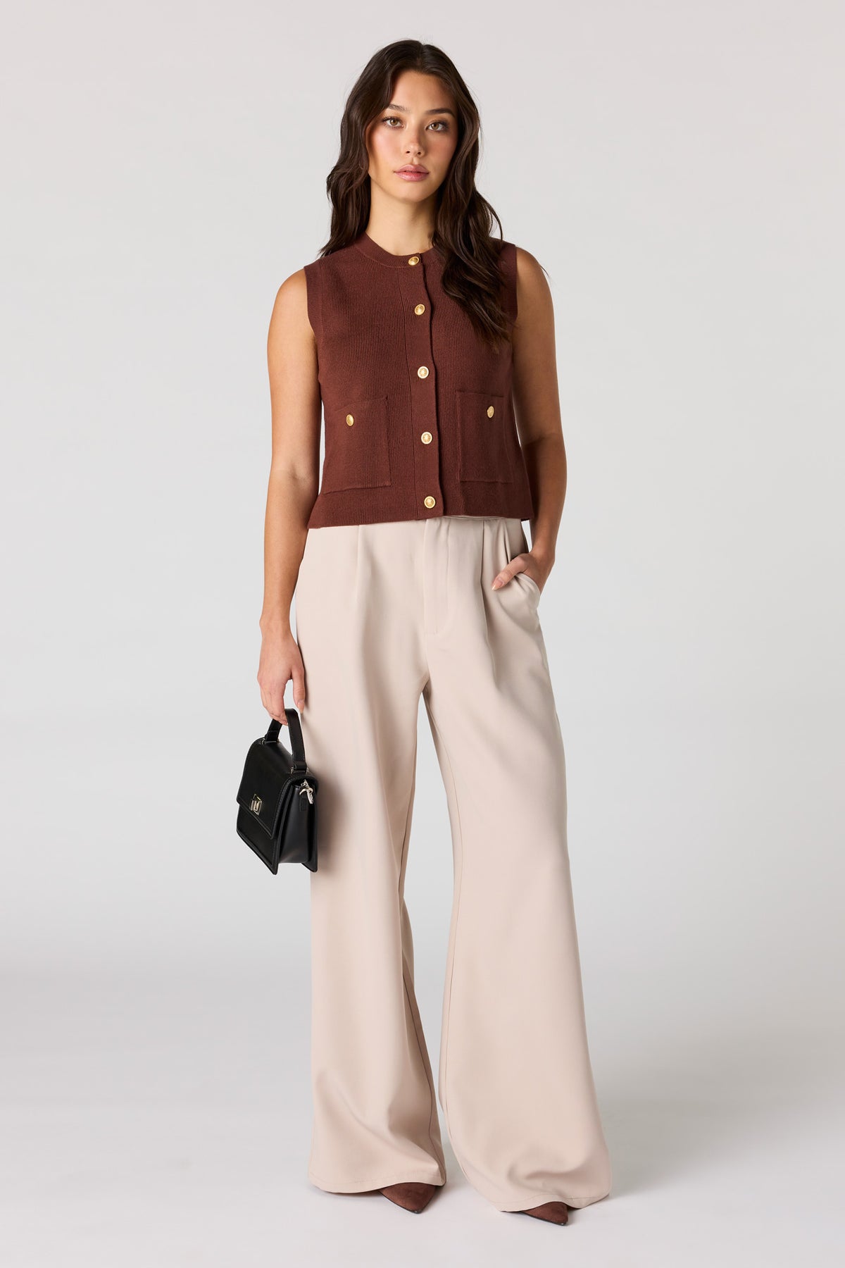 Alt View 3. Ribbed Knit Button Front Vest Top - Brown