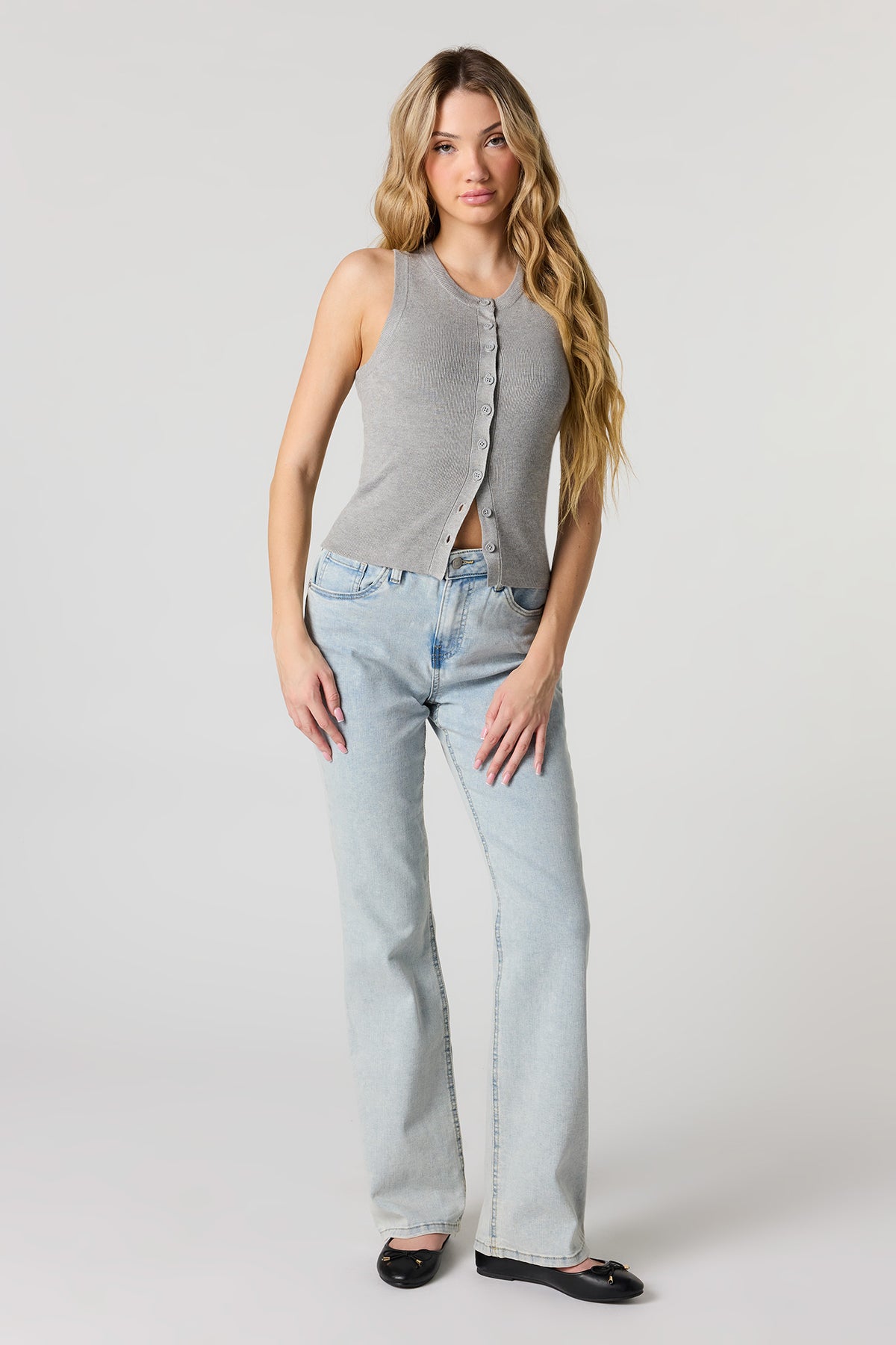 Alt View 3. Ribbed Button-Up Tank - Heather Grey