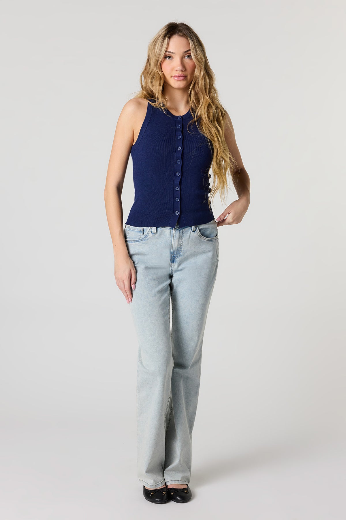 Alt View 3. Ribbed Button-Up Tank - Navy