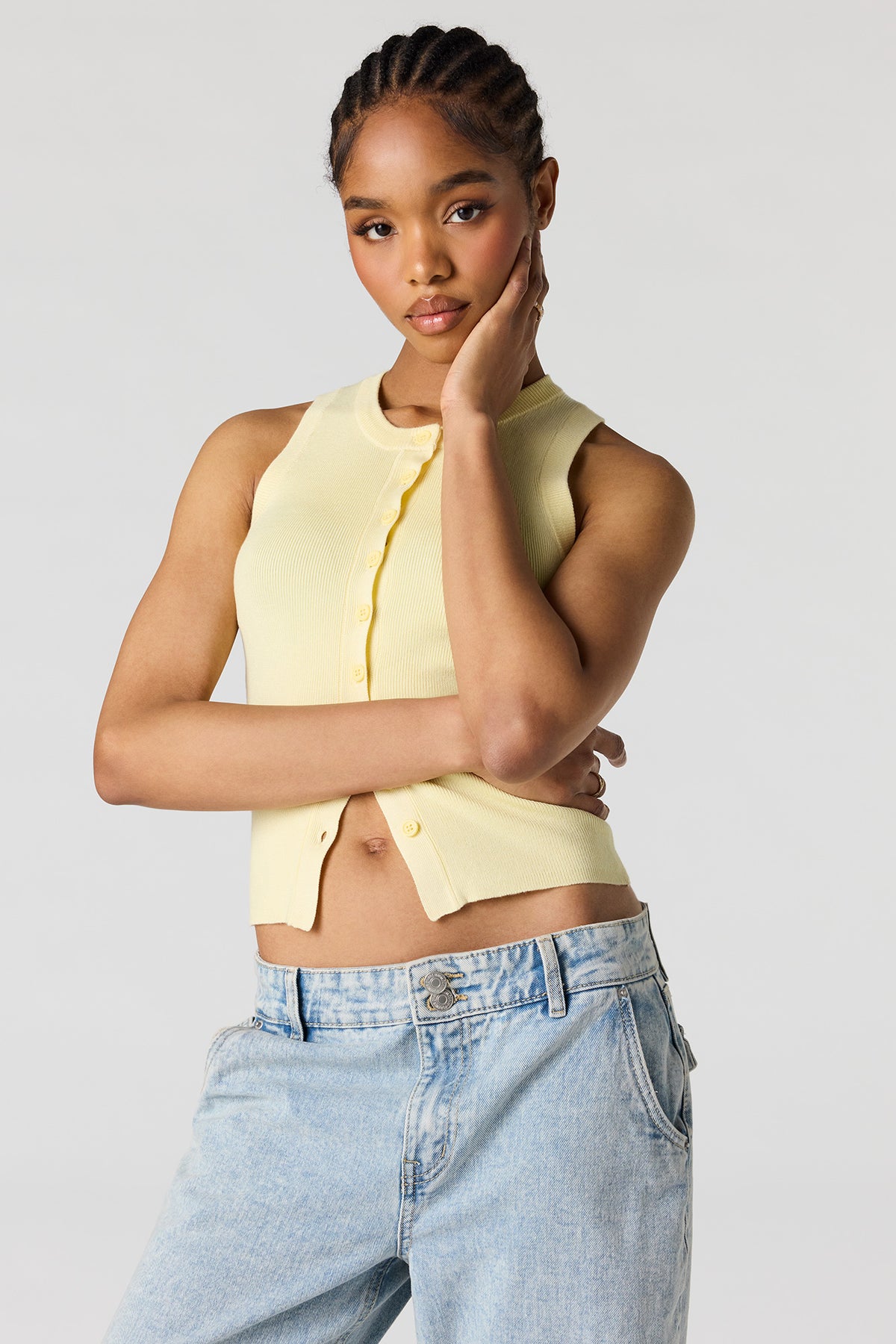 Ribbed Knit Button-Up Vest - Yellow