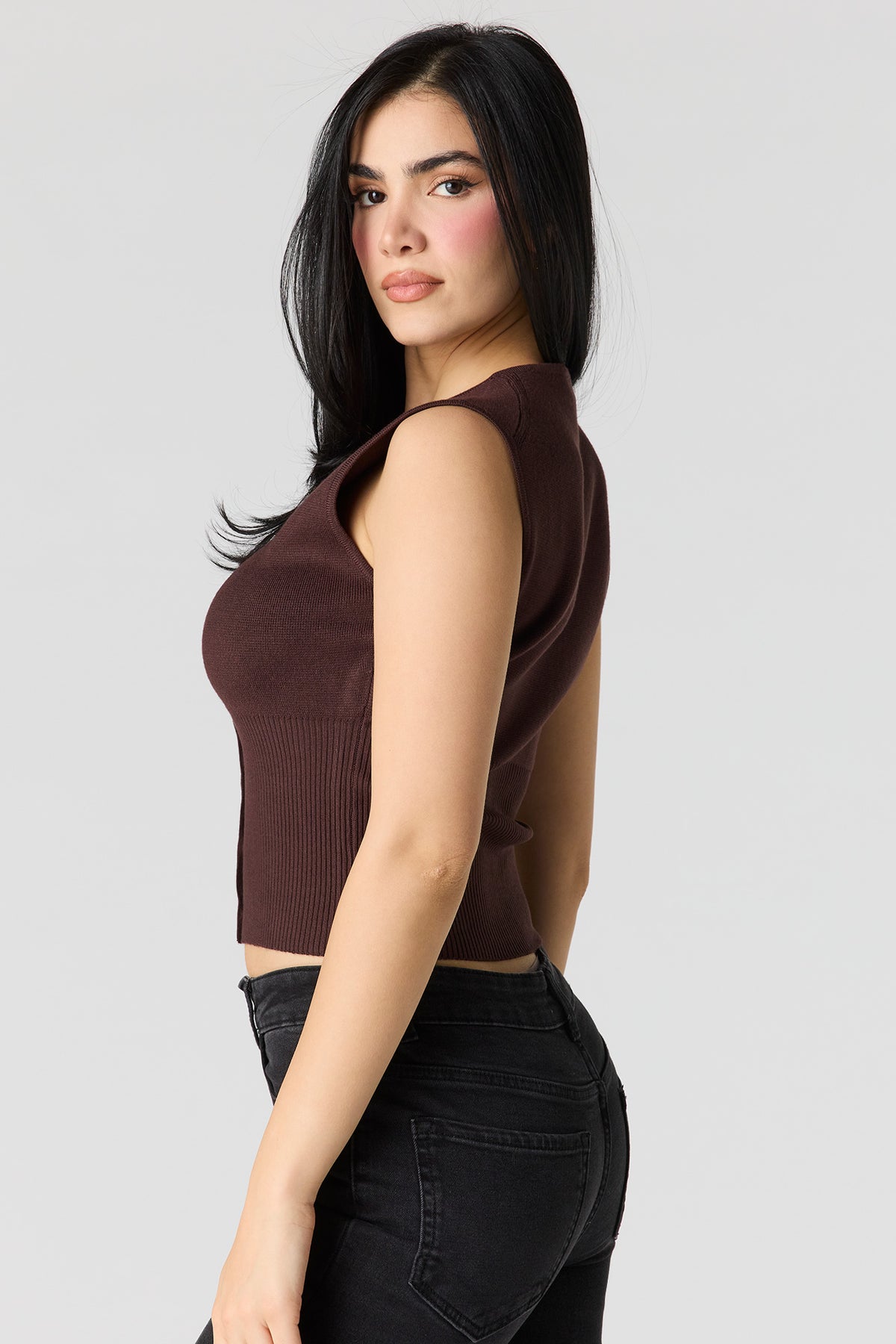 Alt View 2. Button Up Knit Sleeveless Top - Brown