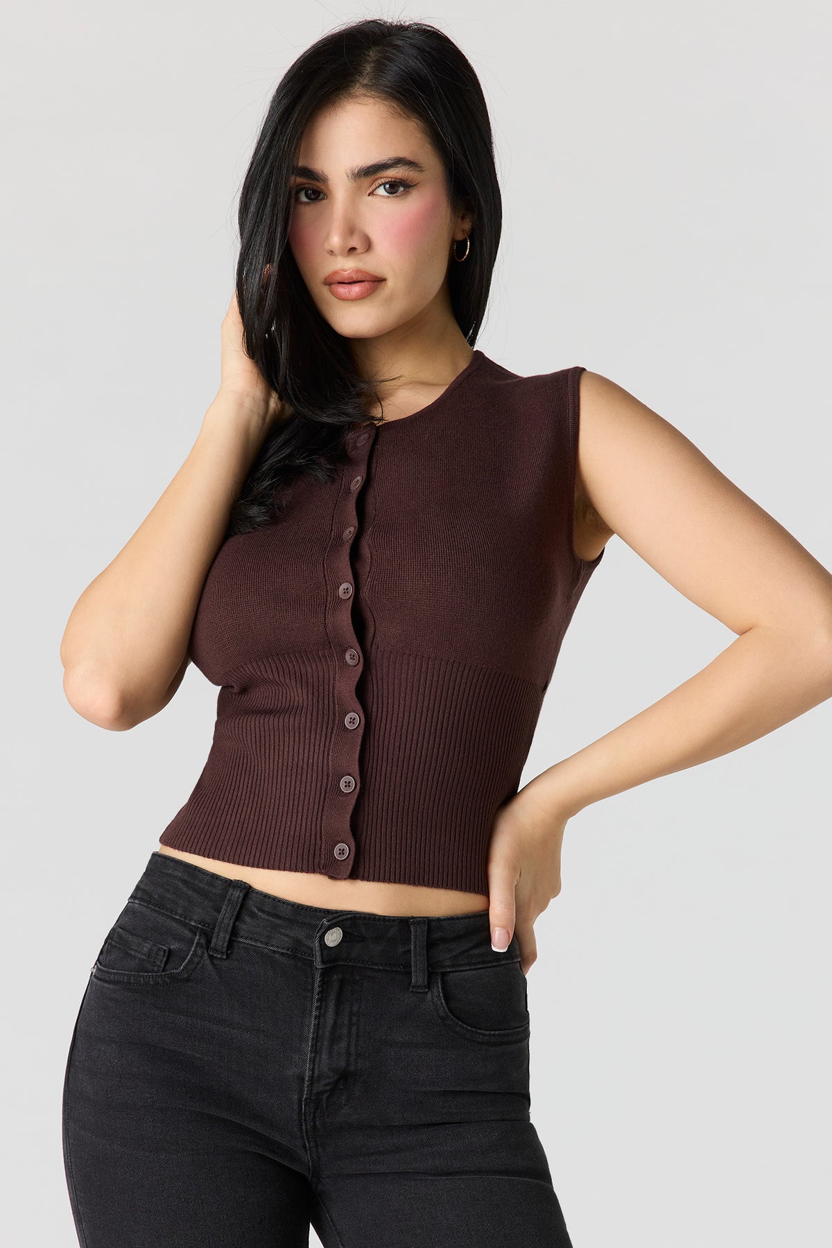 Button Up Knit Sleeveless Top - Brown