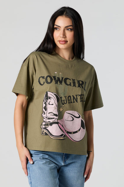 T-shirt de coupe garçonne à imprimé Cowgirl Wanted