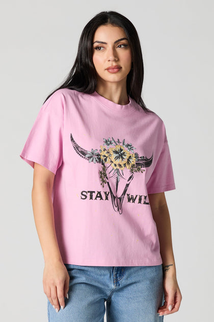 T-shirt rose de coupe garçonne à imprimé Stay Wild