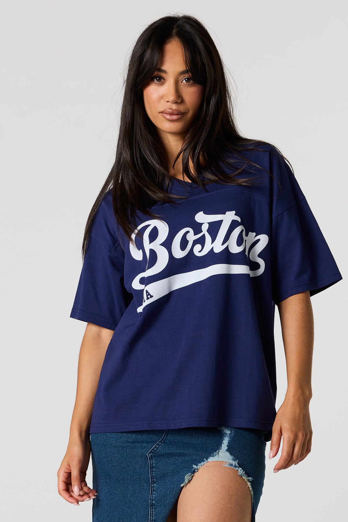 Boston Flocked Print V-Neck T-Shirt - Dark Blue