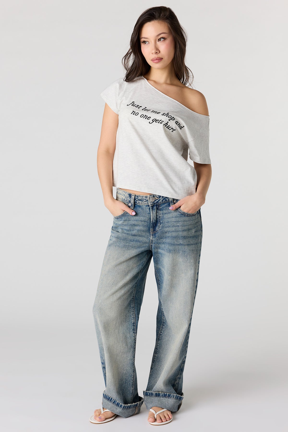 Alt View 3. Off Shoulder Graphic T-Shirt - Heather Grey