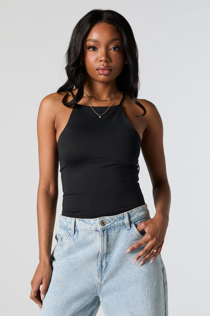 Women's Black Basic Halter Neck Bodysuit