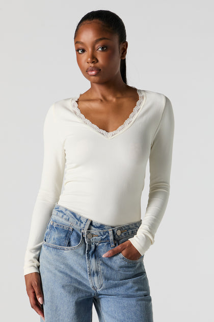 Seamless Ribbed Lace Trim Long Sleeve Bodysuit