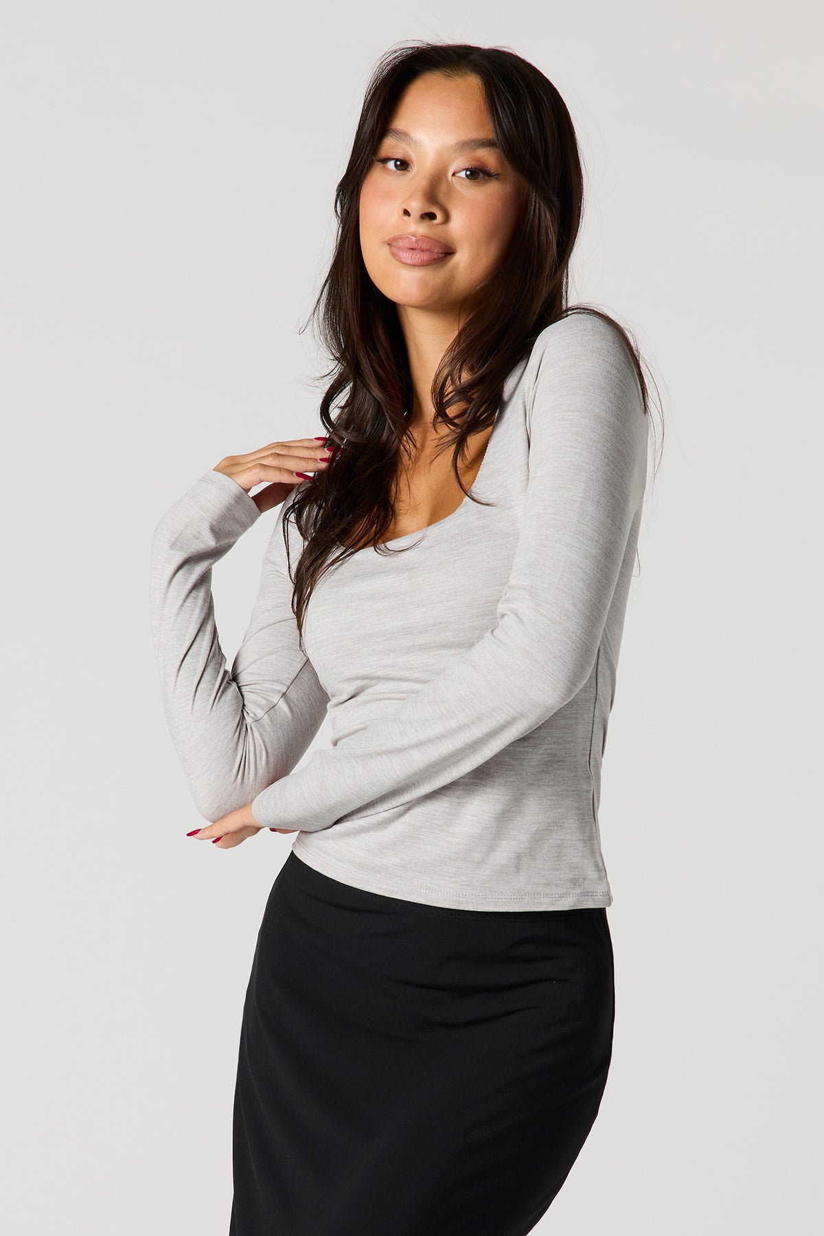 Long Sleeve Scoop Neck Top - Heather Grey