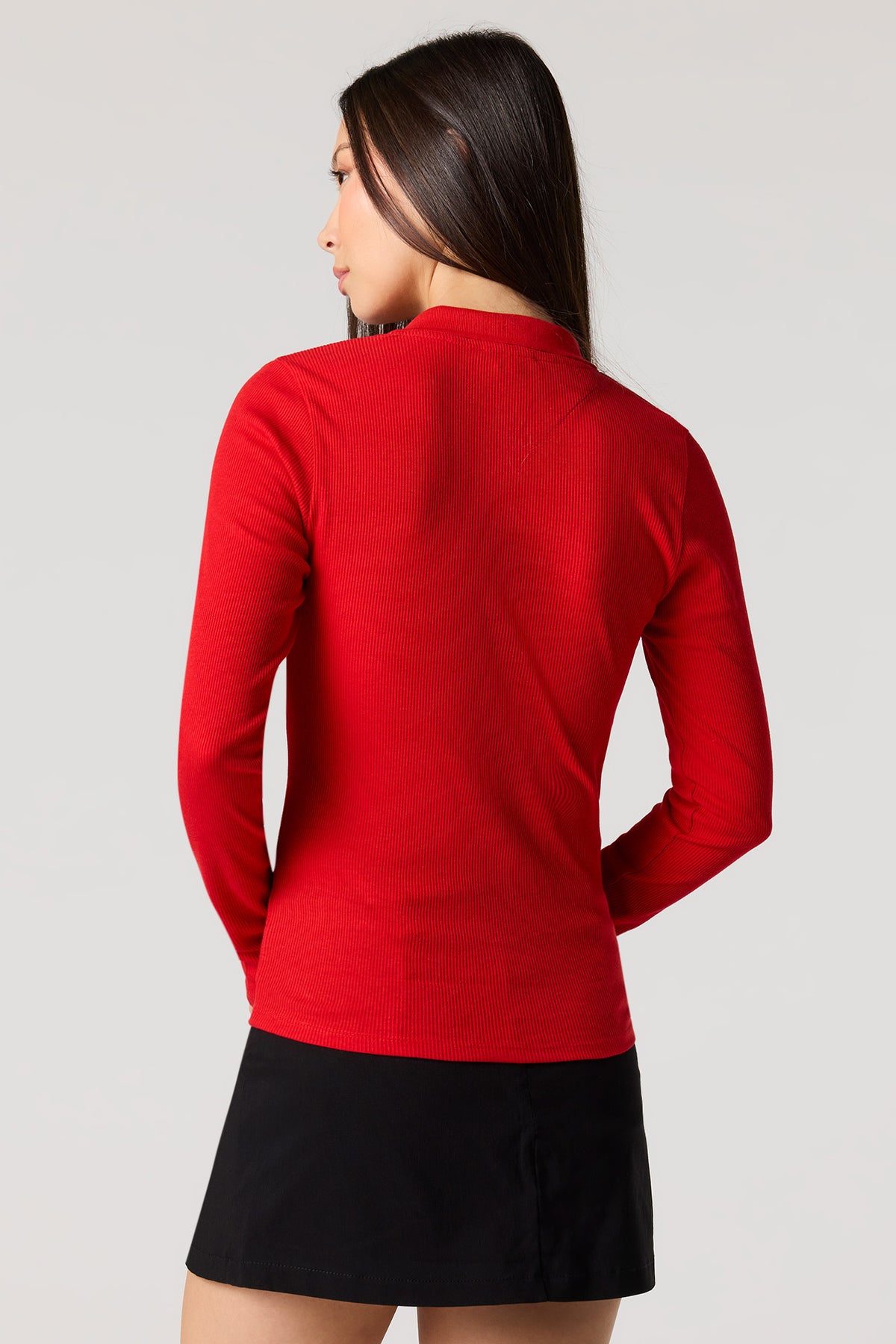 Alt View 2. Ribbed Collared Long Sleeve Top - Red