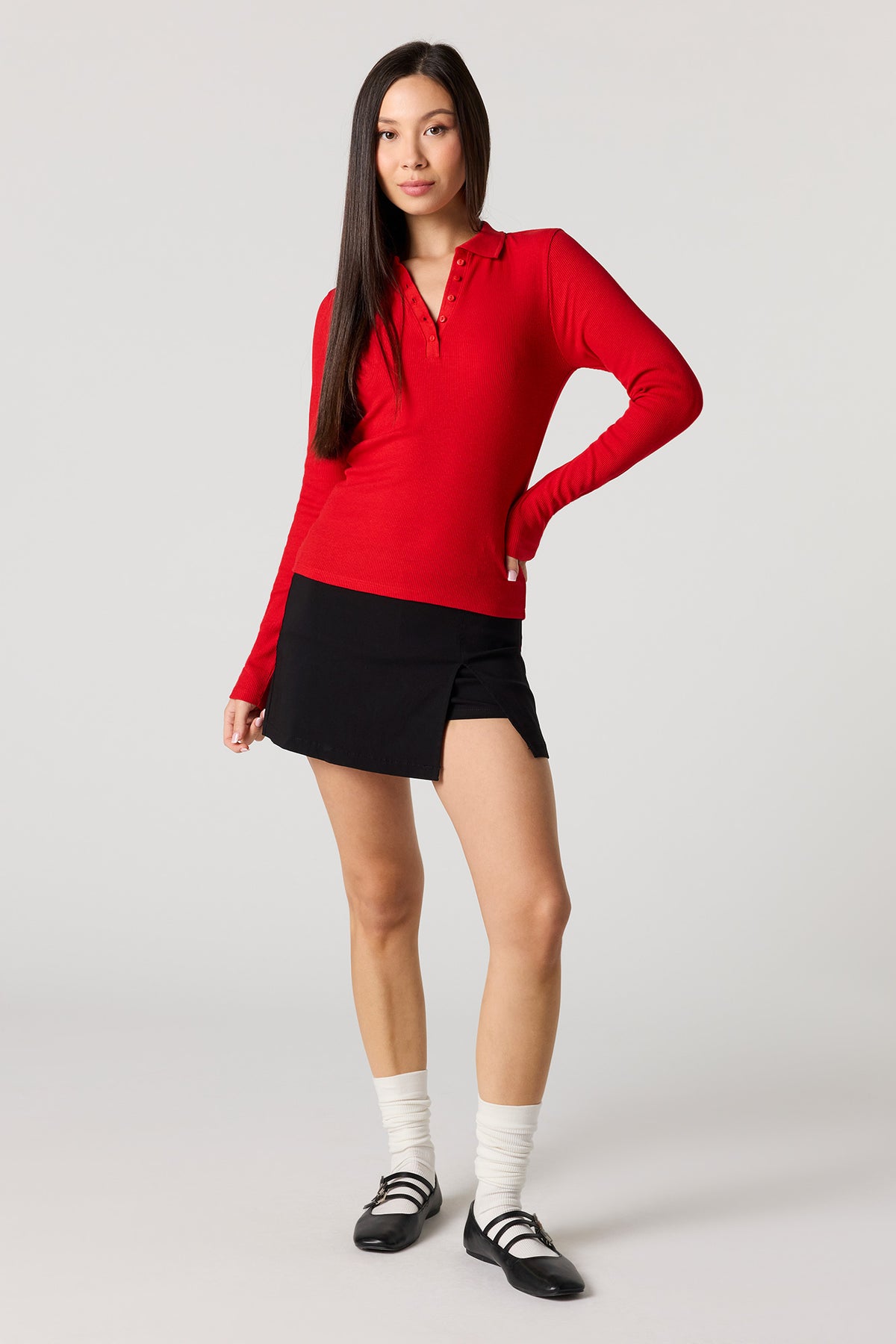 Alt View 3. Ribbed Collared Long Sleeve Top - Red
