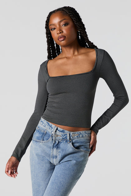 Ribbed Square Neck Long Sleeve Top