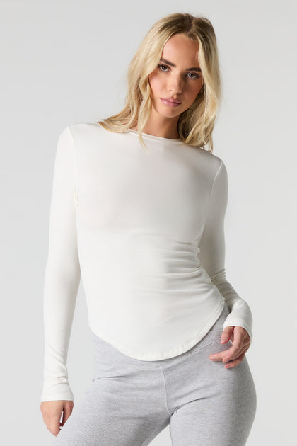 Ribbed Curved Hem Long Sleeve Top