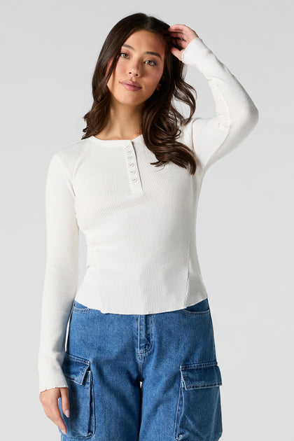 Waffle Knit Henley Long Sleeve Top