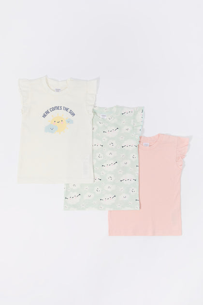 T-shirt avec manches volantées à imprimé Soleil pour bébé (Paquet de 3)