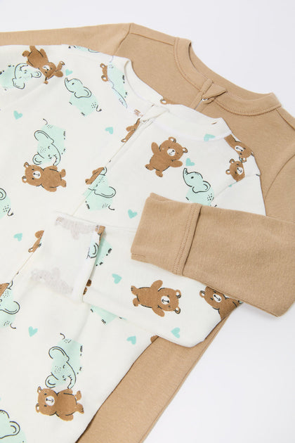 Baby Elephant Teddy Print Footed One Piece Pajama (2 Pack)