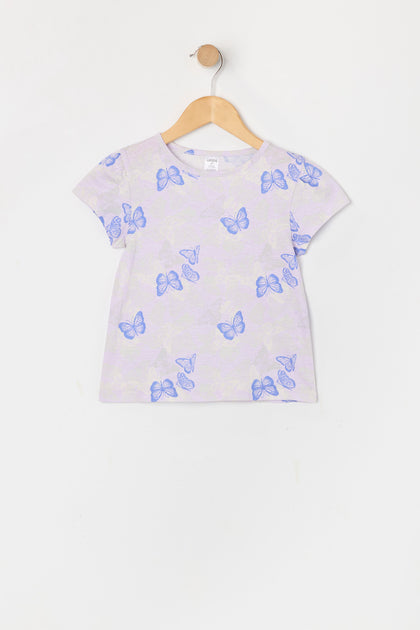 T-shirt à manches bouffantes avec imprimé Papillon pour toute-petite