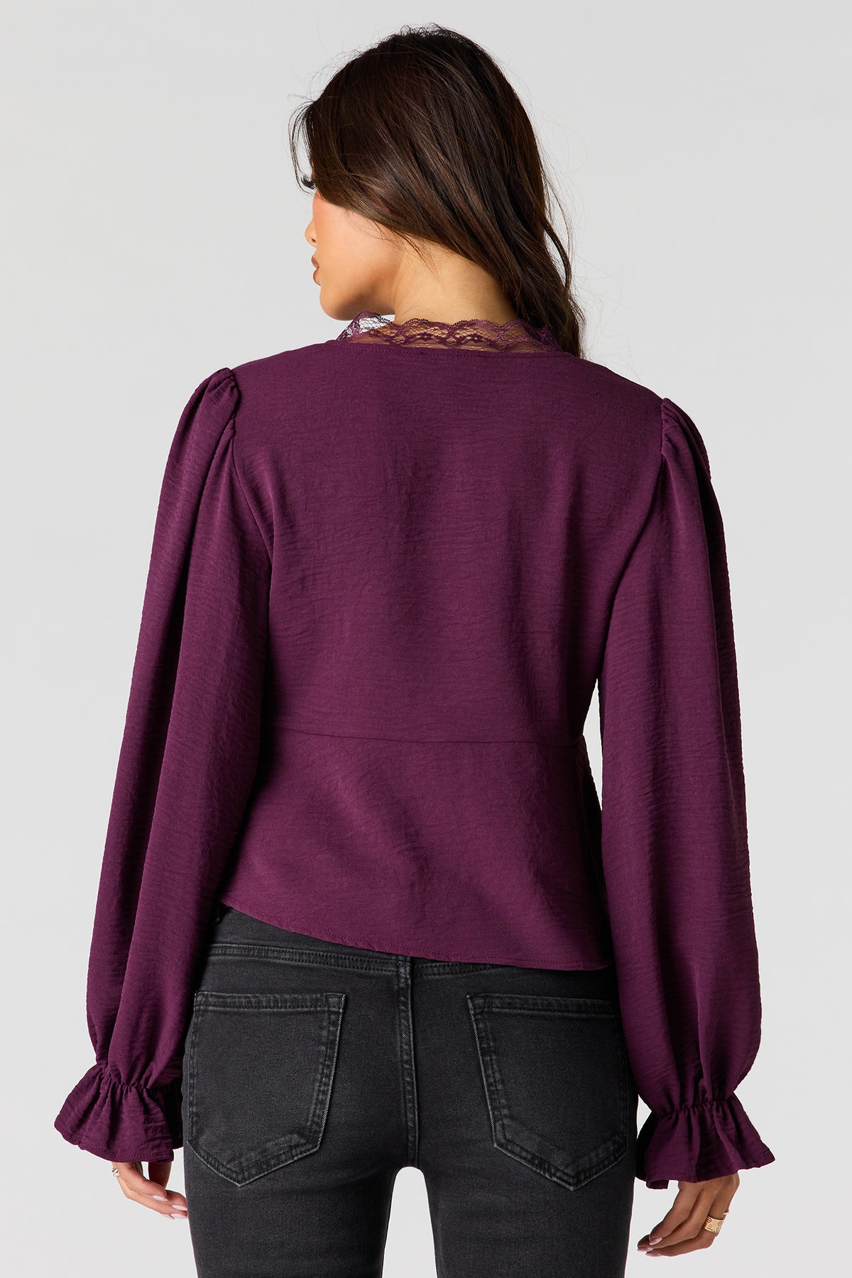 Alt View 2. Lace V-Neck Long Sleeve Flyaway Top - Eggplant