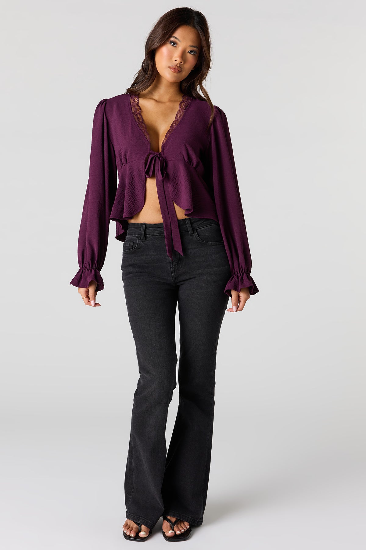 Alt View 3. Lace V-Neck Long Sleeve Flyaway Top - Eggplant