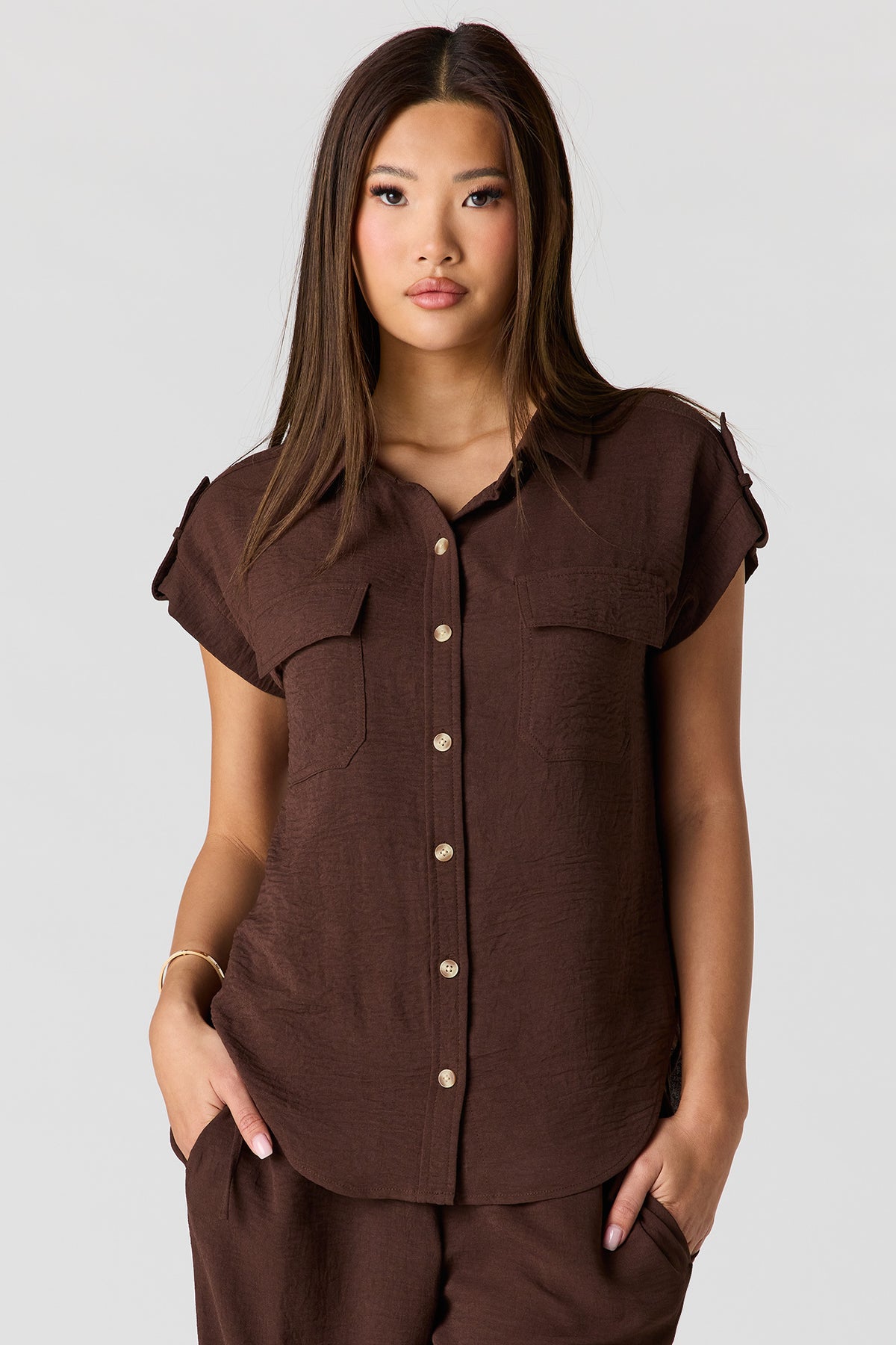 Textured Short Sleeve Button-Up Top - Brown