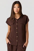 Textured Short Sleeve Button-Up Top