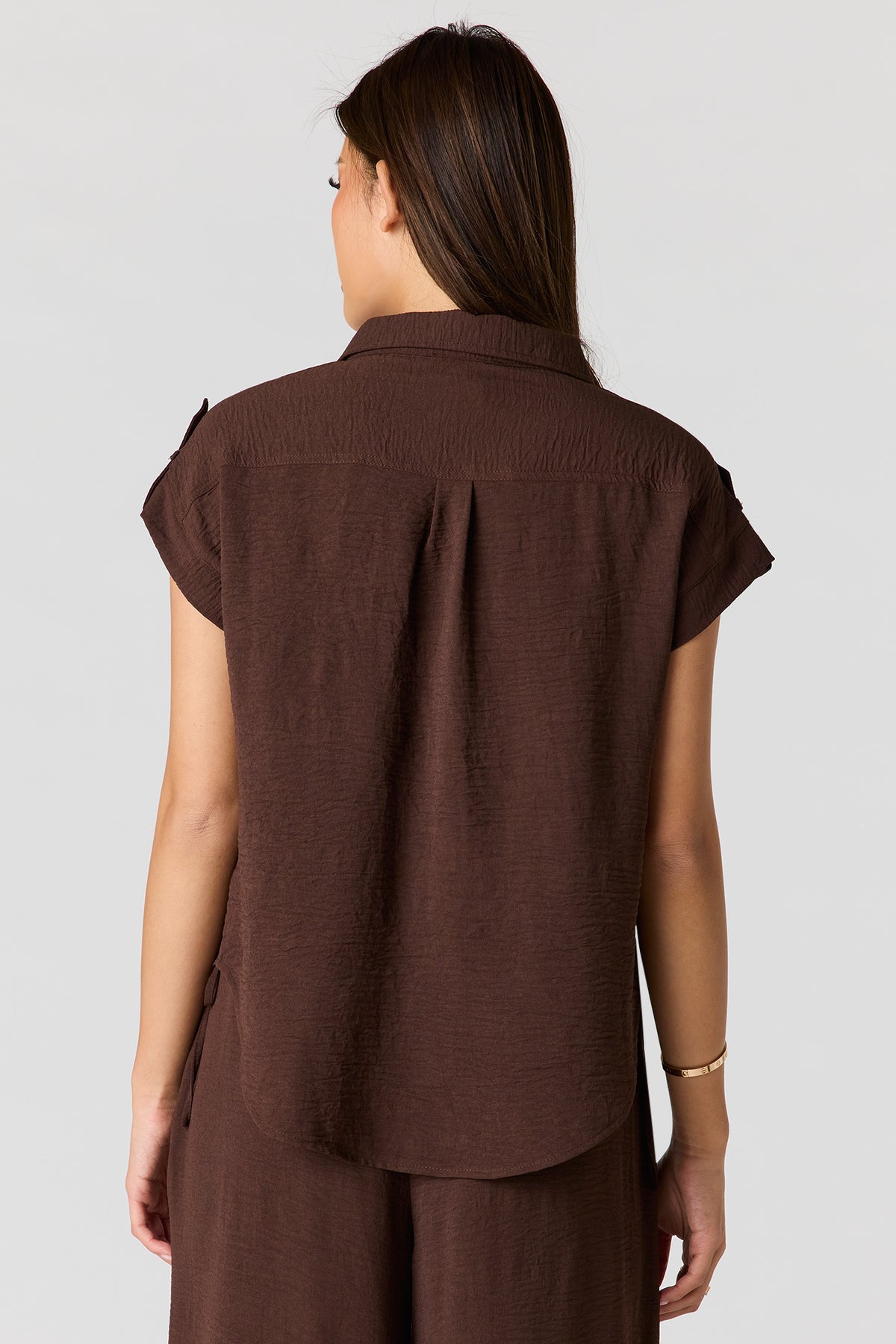 Alt View 2. Textured Short Sleeve Button-Up Top - Brown