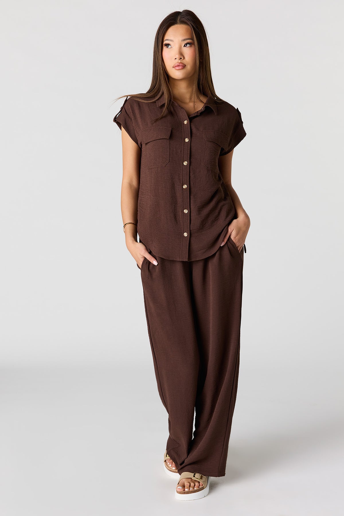 Alt View 3. Textured Short Sleeve Button-Up Top - Brown