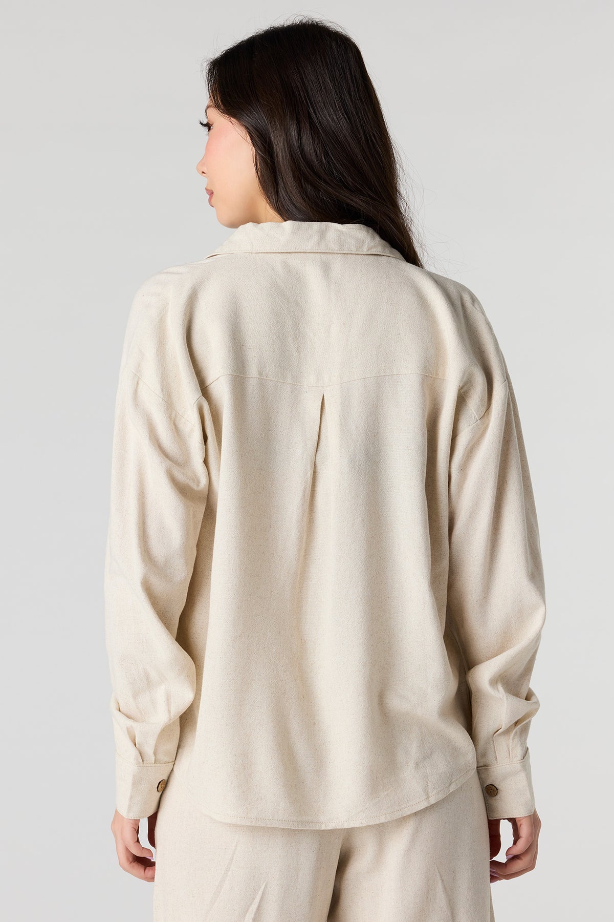 Alt View 2. Linen-Blend Long Sleeve Button-Up Top - Natural